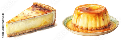 Delicious cheesecake slice, creamy flan dessert, watercolor illustration, sweet treats, culinary art, food photography.