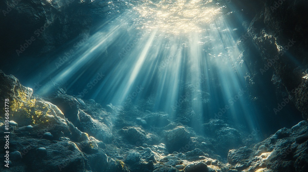 Fototapeta premium Sunbeams illuminate underwater cave.