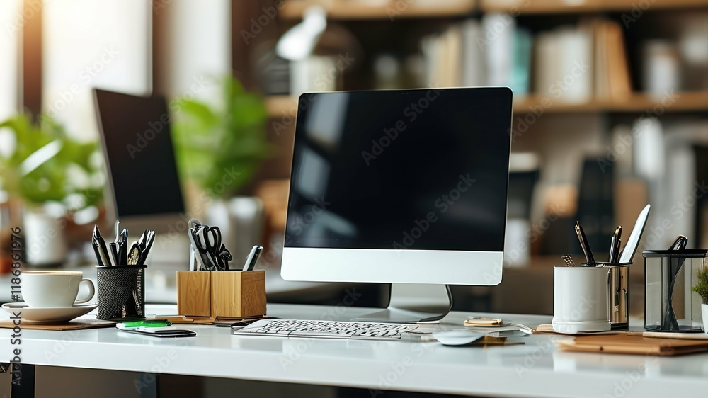 Modern office workspace with computer, pens, and plants emphasizes productivity and organization Modern office workspace with computer, pens, and plants emphasizes productivity and organization