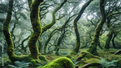 Mystical forest scene with moss covered trees enveloped in serene, natural light, ideal for nature lovers and tranquility seekers photo