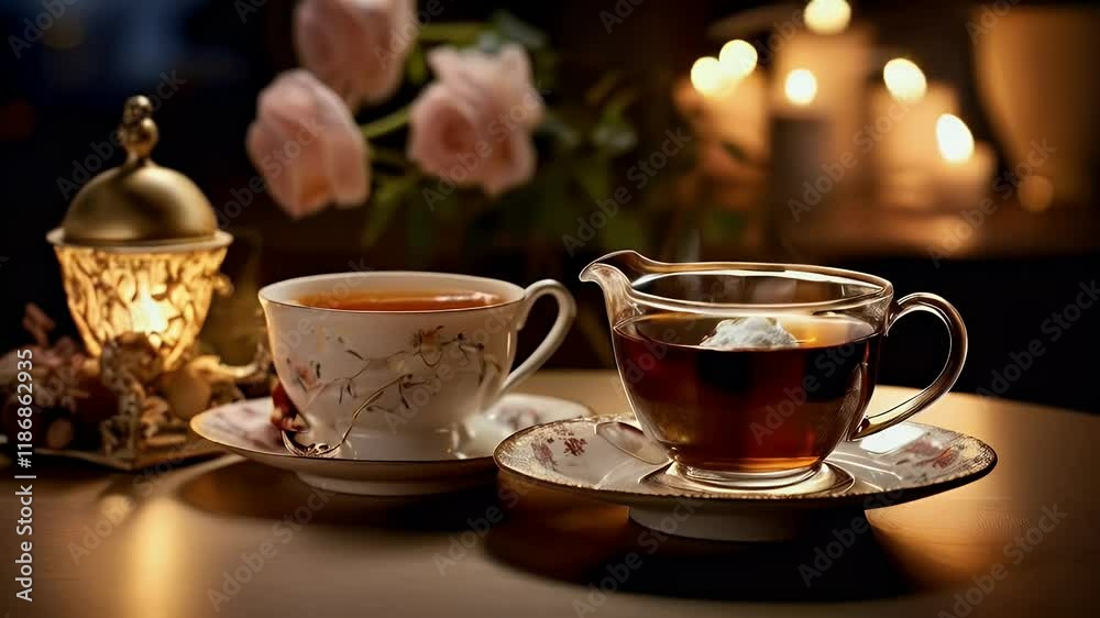 Romantic tea time, candles, roses. Cozy evening, relaxing mood, perfect for blogs Romantic tea time, candles, roses. Cozy evening, relaxing mood, perfect for blogs