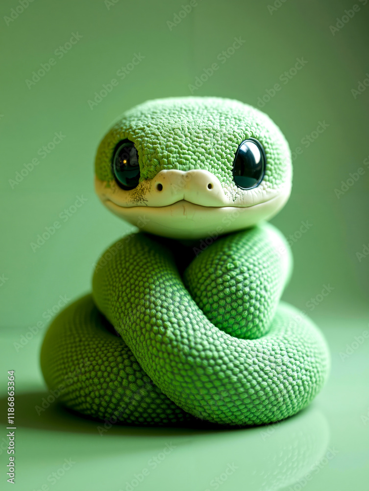 Fototapeta premium A green snake with big eyes sitting on a table