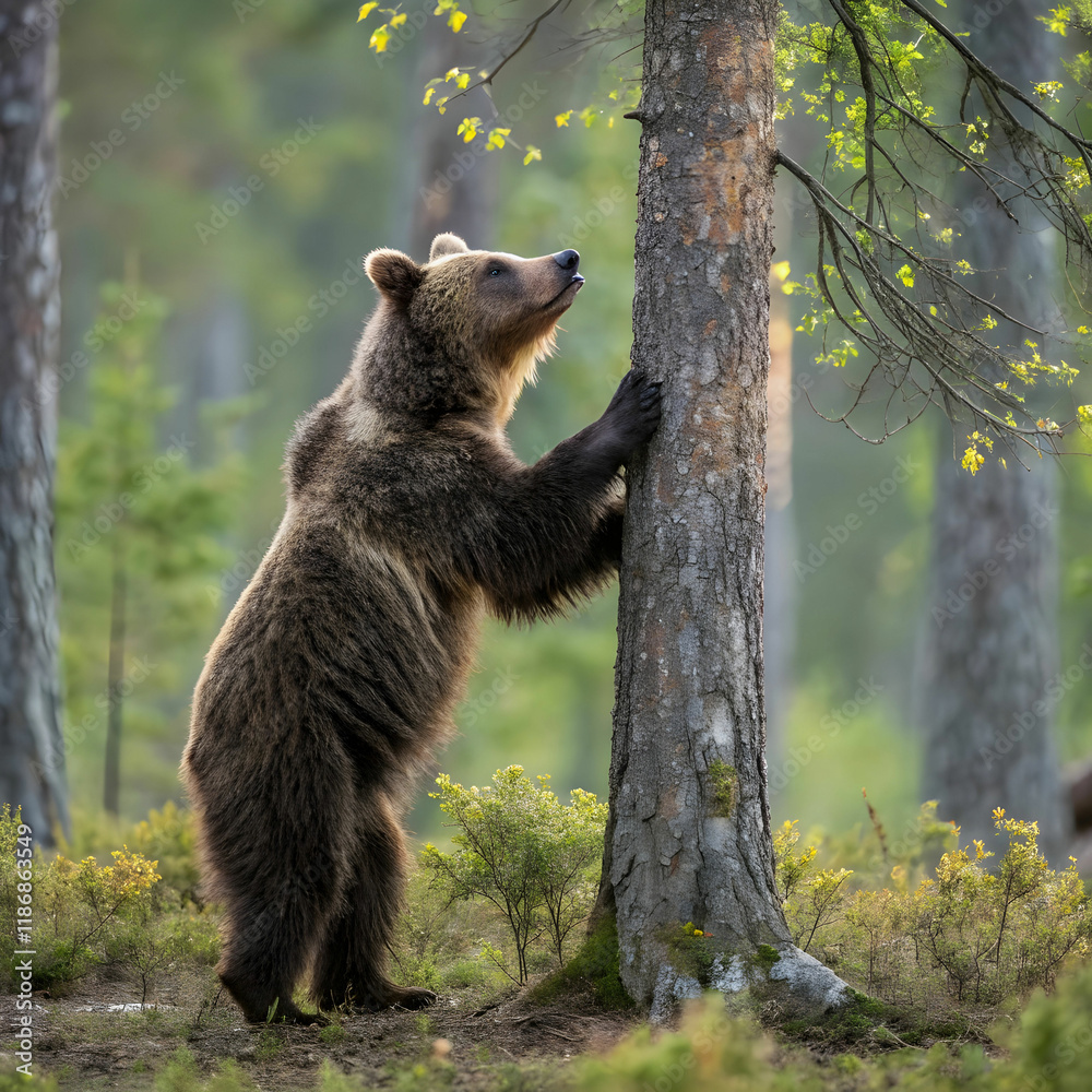 Fototapeta premium female adult brown bear standing in upright positi