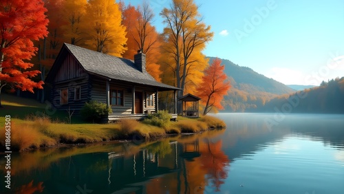 A wooden cabin by a calm lake, surrounded by colorful autumn trees photo