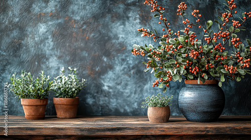 Vase of berries sits on a wooden table next to two potted plants. The vase is blue and the plants are green. The scene has a cozy and welcoming atmosphere