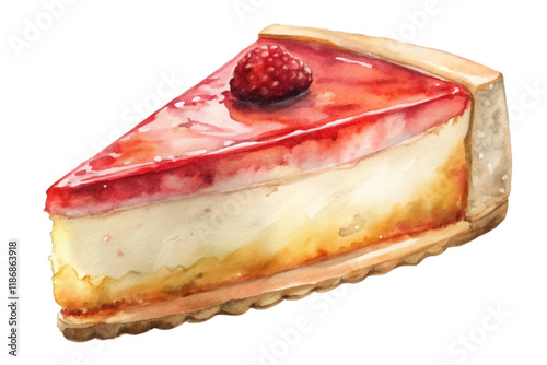 Delicious cheesecake slice, vibrant strawberry topping, watercolor illustration, dessert art, food photography, sweet indulgence.