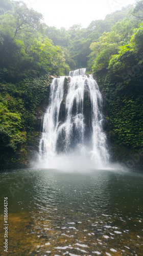 misty waterfall cascading into serene pool, surrounded by lush greenery