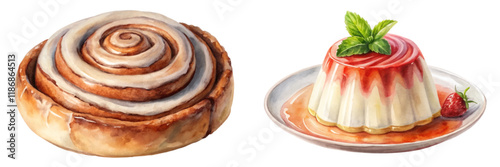 Delicious cinnamon roll, creamy panna cotta, vibrant dessert presentation, watercolor illustration, tempting food art.