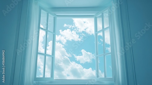 An open window with white curtains revealing a bright blue sky and fluffy white clouds  accompanied by indoor plants.