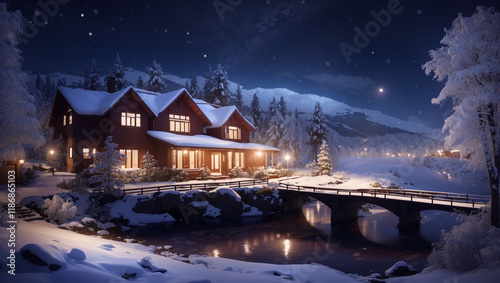 A cozy cabin is shown in a snow-covered landscape at night, with warm lights shining from its windows. The scene is peaceful with a starry sky above and a small bridge in the foreground.