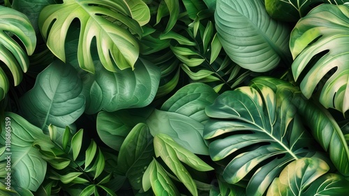 Vibrant collection of lush tropical leaves creating a rich, dense foliage background for natural aesthetics