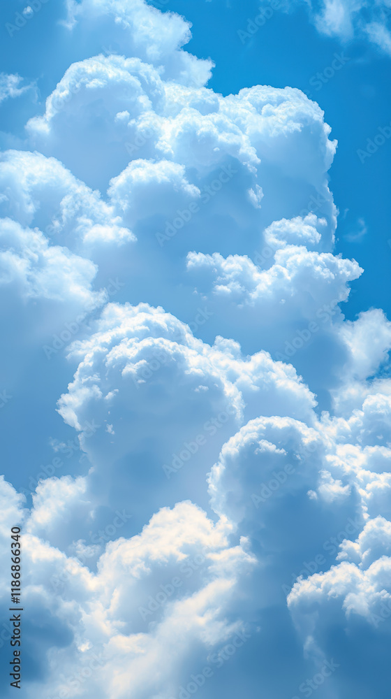 Fluffy white clouds against bright blue sky create serene atmosphere