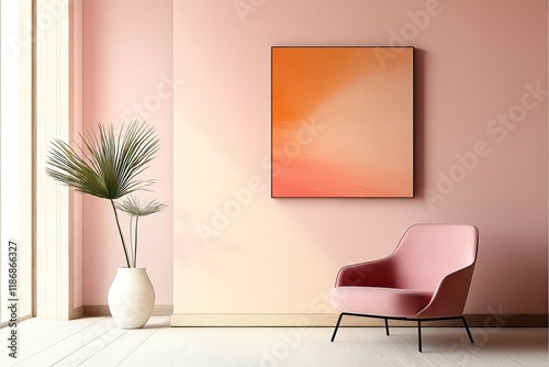 Stylish Modern Living Room with Pink Armchair and Abstract Orange Wall Art