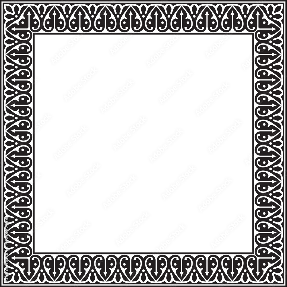 Vector black monochrome arabic national square ornament.  Ethnic rectangle, frame of eastern peoples. Persian painting