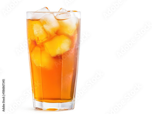 A tall glass of iced tea with refreshing ice cubes, served against a clean white background