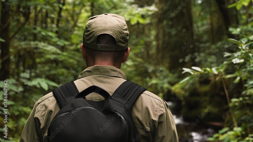 Close-Up Back View of a Man in Military Attire with a Backpack Walking Through a Forest Close-Up Back View of a Man in Military Attire with a Backpack Walking Through a Forest