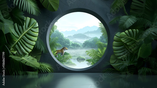 serene rainforest scene featuring leopard near tranquil river, surrounded by lush greenery and misty mountains in background. vibrant foliage creates peaceful atmosphere
