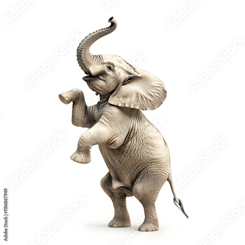 Majestic African Elephant Reaching Up with Trunk on White Background photo