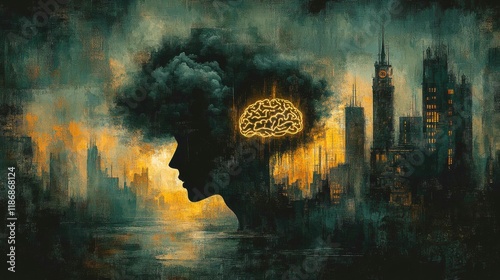 Silhouette of a head with a dark storm cloud over a glowing brain, symbolizing depression and inner struggles with contrasting light and shadow effects