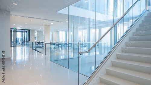 Contemporary Open Office Space with Glass Walls and Staircase   Generative AI