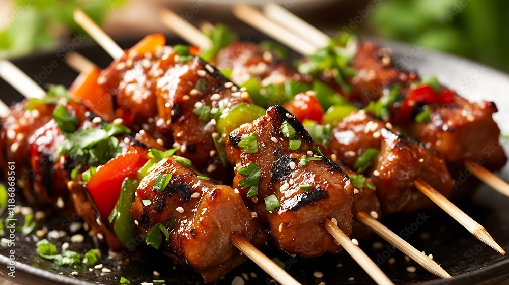 Grilled Beef Skewers with Fresh Vegetables Glazed in Delicious Flavorful Sauce : Generative AI Grilled Beef Skewers with Fresh Vegetables Glazed in Delicious Flavorful Sauce : Generative AI