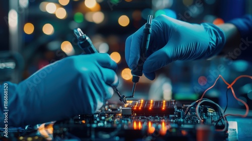 Close-up of gloved hands working on a circuit board, highlighting intricate electronics and glowing components in a workshop environment.