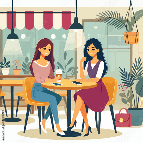 Flat young girl friends in cafe on meeting vector image