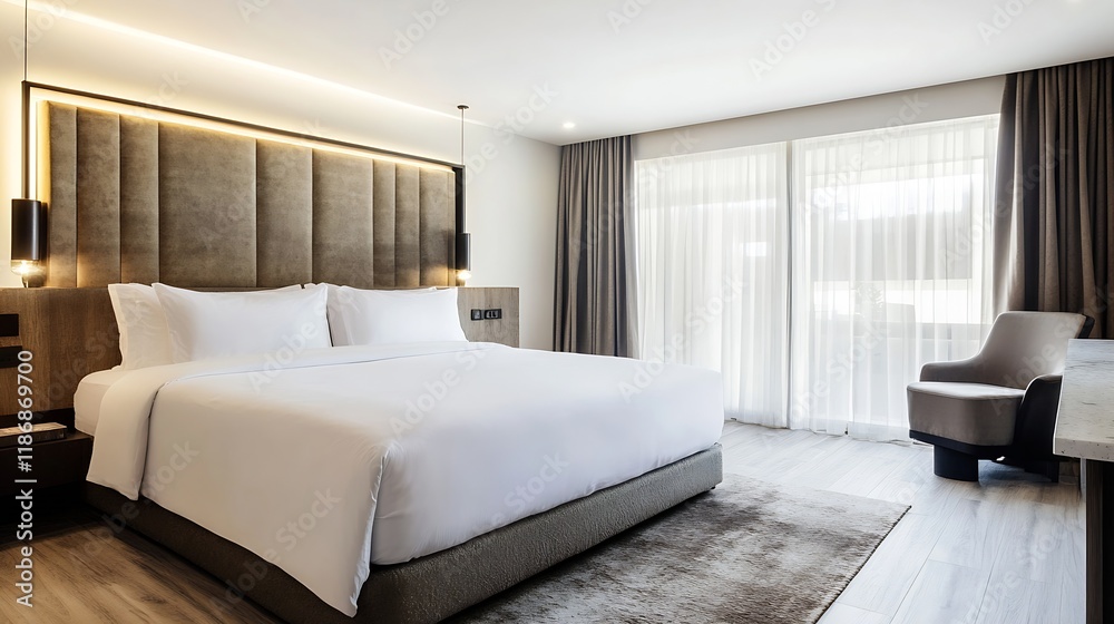Fototapeta premium Luxurious Hotel Room with King Size Bed Elegant Decor and FullLength Windows : Generative AI