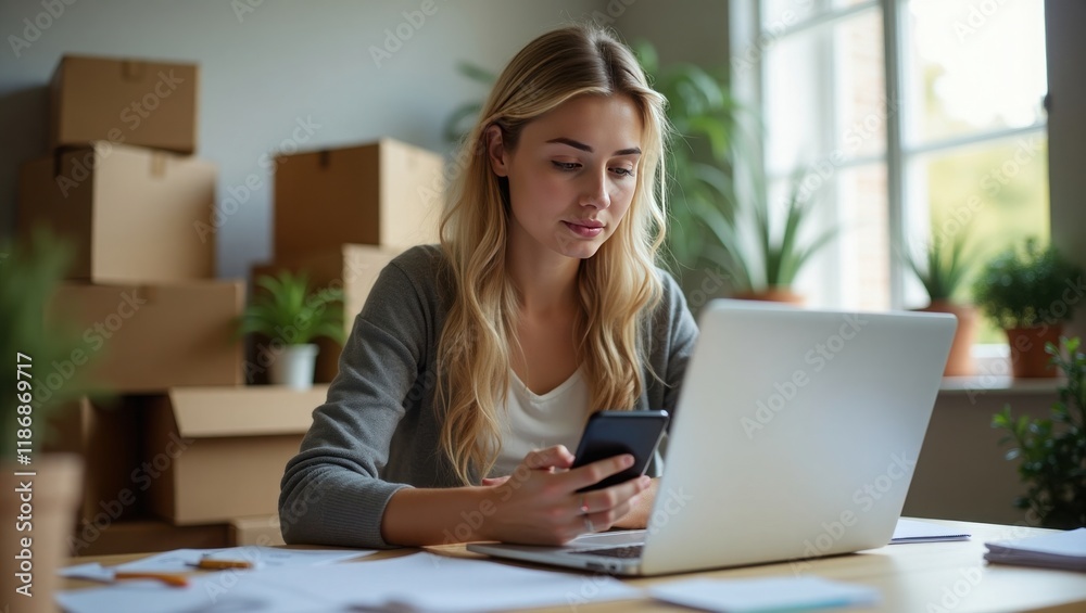 cheerful woman running an online business from home, using her phone and laptop cheerful woman running an online business from home, using her phone and laptop