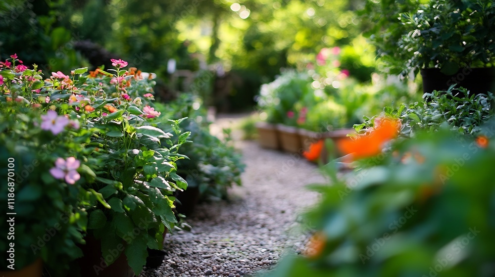 Naklejka premium Serene Garden Pathway Surrounded by Vibrant Flowers on a Sunny Day : Generative AI