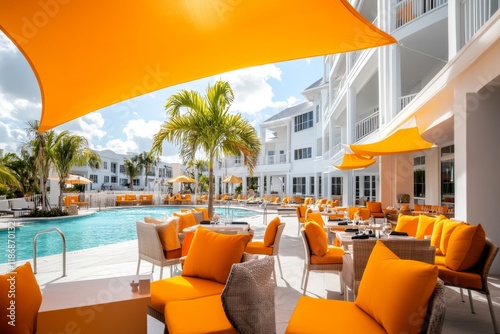 A tropical resort scene with UV-blocking shade sails over an outdoor dining area