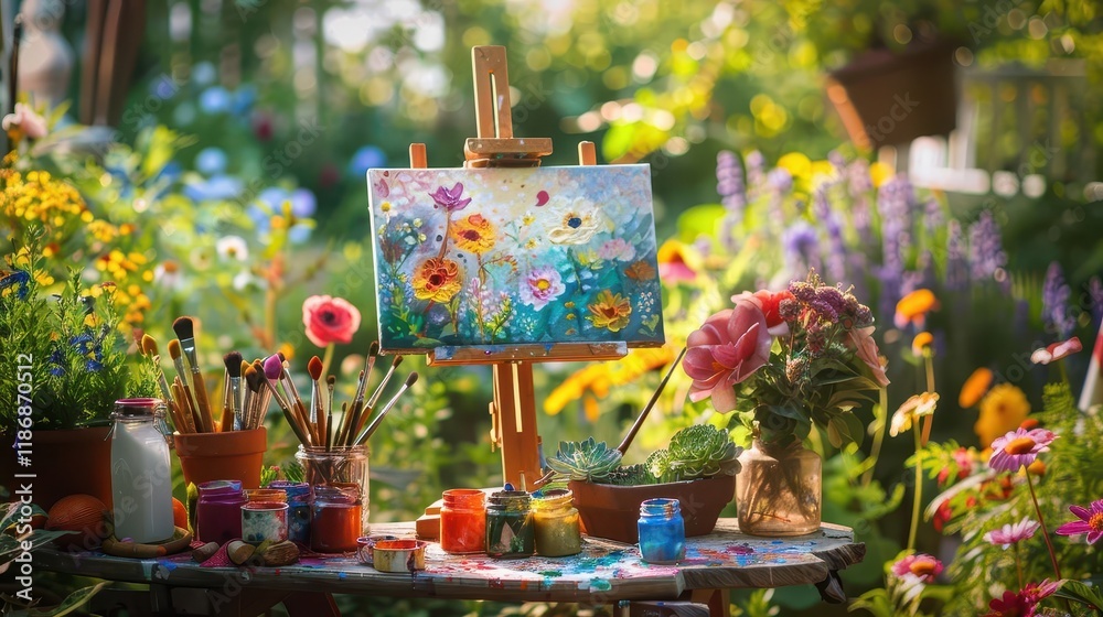 A vibrant garden scene with an easel, paints, and brushes, showcasing a colorful floral painting. A vibrant garden scene with an easel, paints, and brushes, showcasing a colorful floral painting.