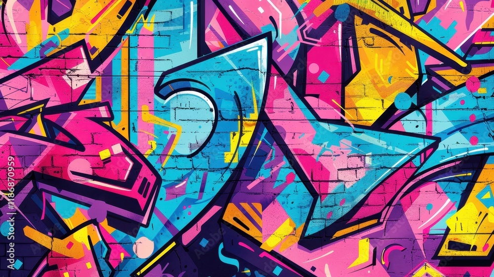 A vibrant graffiti mural featuring colorful arrows and abstract shapes on a brick wall. A vibrant graffiti mural featuring colorful arrows and abstract shapes on a brick wall.