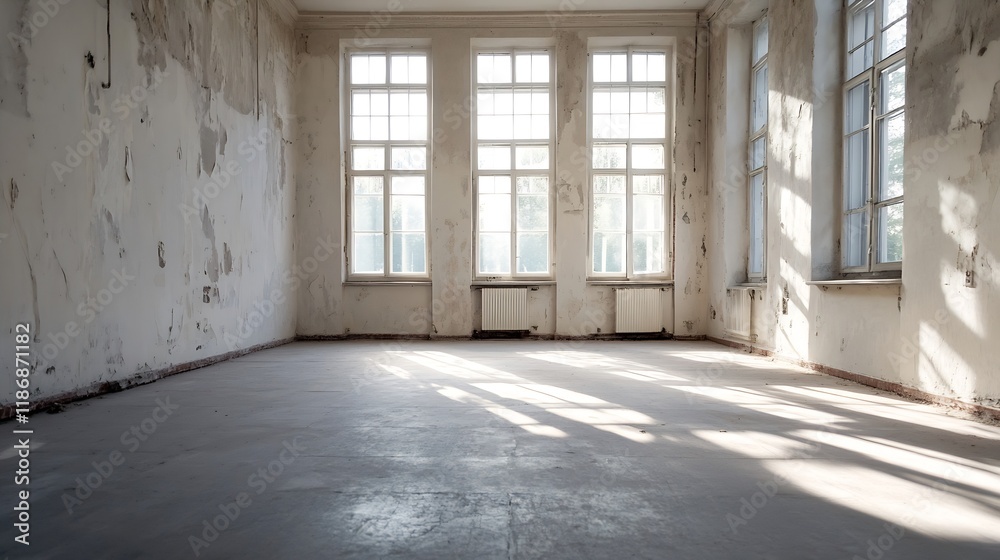 Spacious Abandoned Room with Large Windows and Sunlight Covered with Peeling Paint and Shadows : Generative AI Spacious Abandoned Room with Large Windows and Sunlight Covered with Peeling Paint and Shadows : Generative AI
