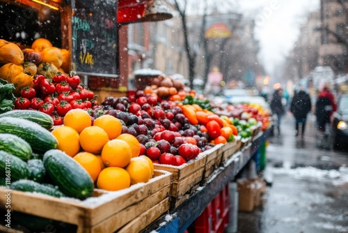 A vibrant scene of a farmer market in Fergana Valley, with piles of fresh fruits, vegetables, and spices photo