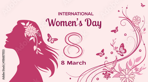  International women's day. banner, woman head illustration from side view happy women's day, can use for, landing page, template, web, mobile app, etc