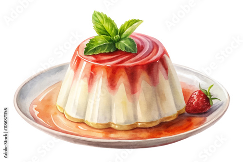 Delicious dessert illustration, creamy panna cotta, vibrant strawberry sauce, fresh mint garnish, artistic food presentation.