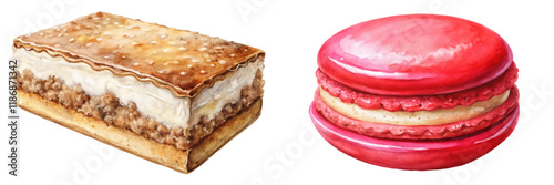 Delicious dessert illustration, colorful macarons, creamy layered cake, watercolor style, sweet treats, food art.