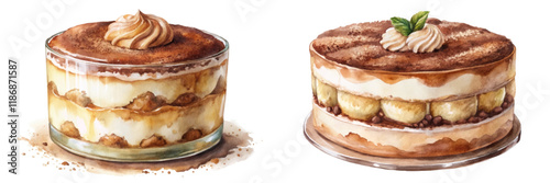 Delicious dessert illustration, creamy layers, elegant presentation, watercolor style, tempting treats, food art, culinary delight.
