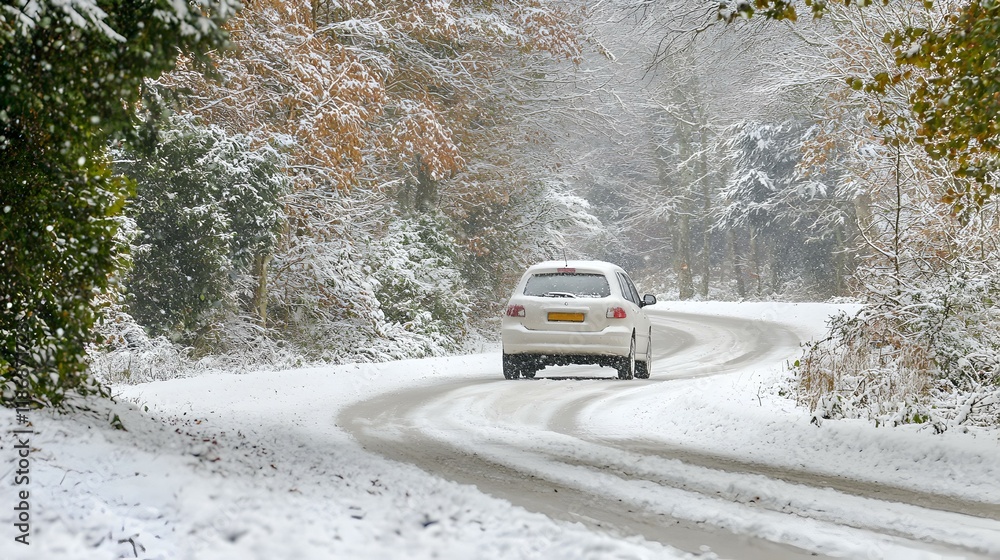 White SUV driving on a snow-covered winding road through a winter forest. White SUV driving on a snow-covered winding road through a winter forest.
