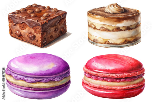 Delicious dessert assortment, watercolor style, sweet treats, colorful macarons, rich cake layers, appealing food illustration.