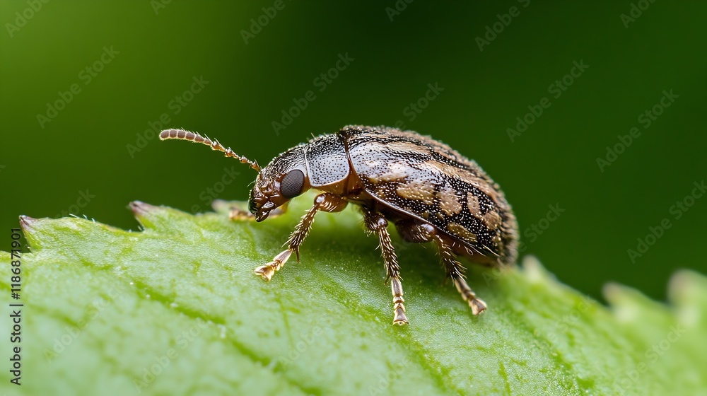 Fototapeta premium Macro Shot of a Mottled Beetle on Leaf with Green Background : Generative AI