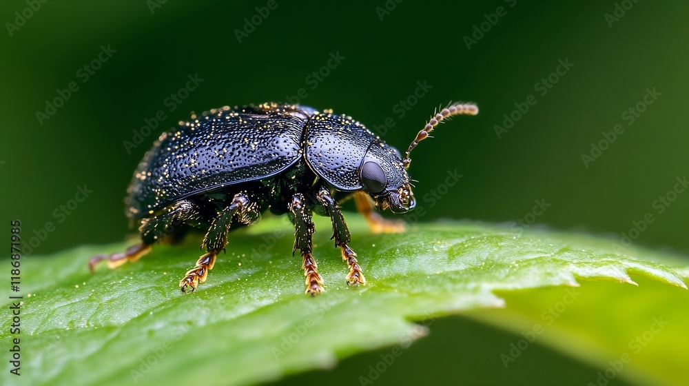 Closeup of Shiny Dark Beetle on Leaf with Detailed Texture and Green Background : Generative AI Closeup of Shiny Dark Beetle on Leaf with Detailed Texture and Green Background : Generative AI