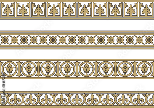 Vector set of gold and black seamless classic byzantine ornament. Endless border, Ancient Greece, Eastern Roman Empire frame. Decoration of the Russian Orthodox Church