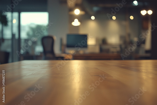 Wooden top table with office in background