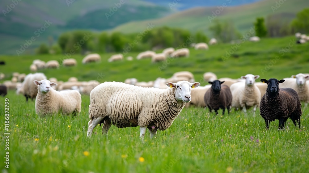 Fototapeta premium Sheep Grazing on Lush Green Pasture in Countryside Setting : Generative AI