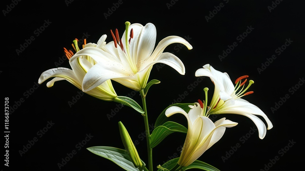 Delicate white lilies bloom gracefully against a dark background, showcasing elegance and natural beauty