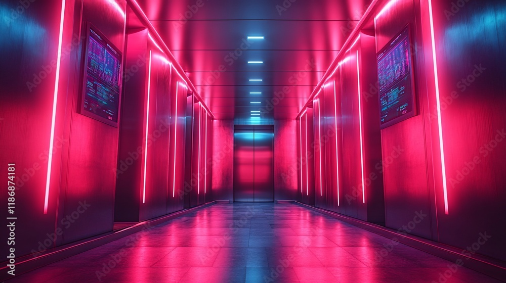 Neon Lit Elevator Corridor With Digital Screens Neon Lit Elevator Corridor With Digital Screens