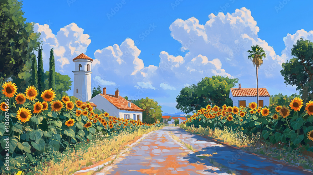 Fototapeta premium Summer Vivid Sunflower Field Background
