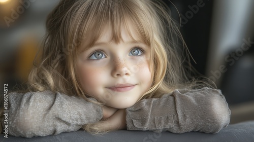 Dreamy portrait of a smiling child with sparkling eyes and freckles